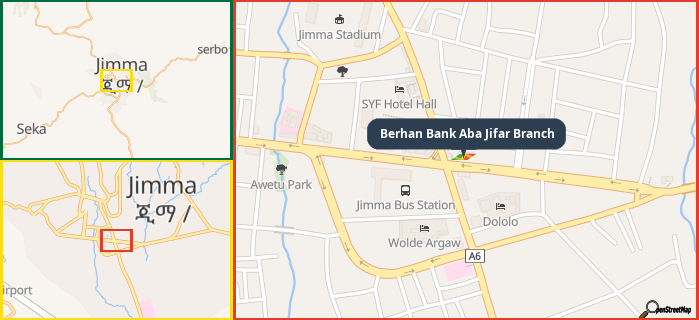 Map showing the address of Berhan Bank Aba Jifar Branch in three different zoom levels.