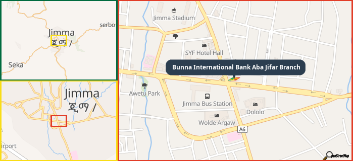 Map showing the address of Bunna International Bank Aba Jifar Branch in three different zoom levels.