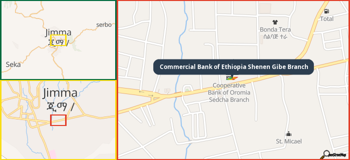 Map showing the address of Commercial Bank of Ethiopia Shenen Gibe Branch in three different zoom levels.