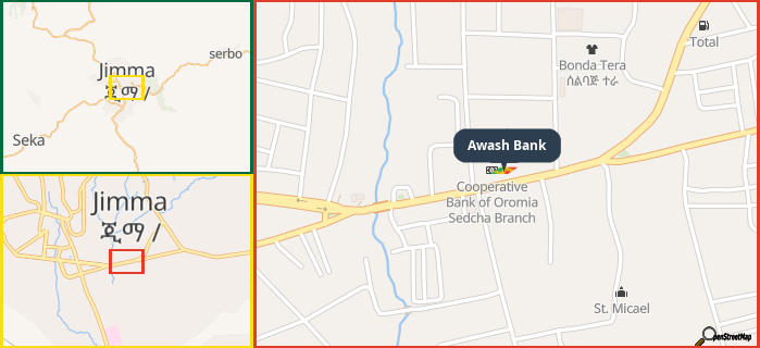 Map showing the address of Awash Bank in three different zoom levels.