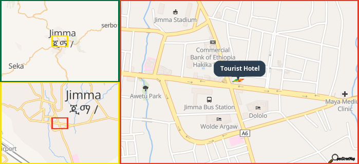 Map showing the address of Tourist Hotel in three different zoom levels.