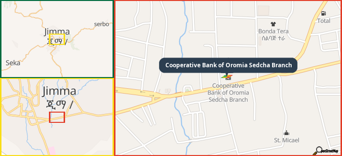 Map showing the address of Cooperative Bank of Oromia Sedcha Branch in three different zoom levels.