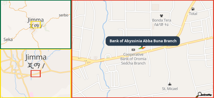 Map showing the address of Bank of Abyssinia Abba Buna Branch in three different zoom levels.