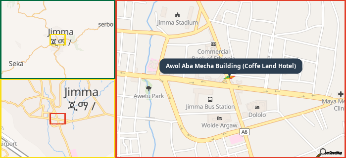 Map showing the address of Awol Aba Mecha Building (Coffe Land Hotel) in three different zoom levels.