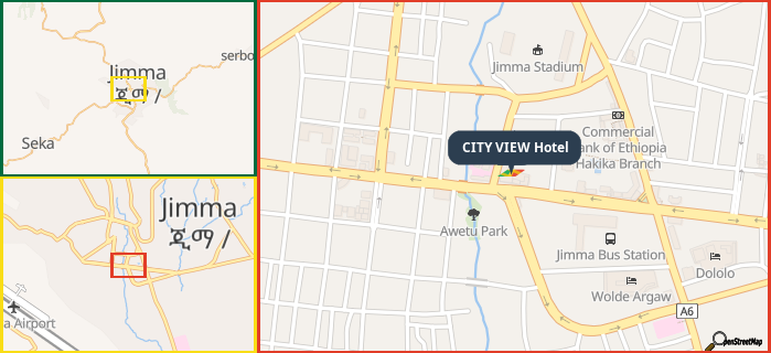 Map showing the address of CITY VIEW Hotel in three different zoom levels.