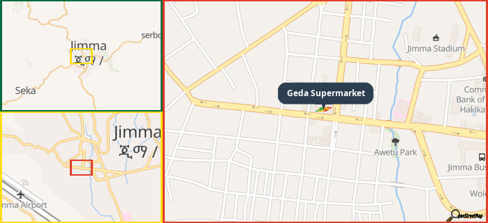 Map showing the address of Geda Supermarket in three different zoom levels.