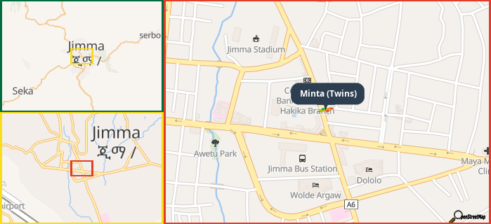 Map showing the address of Minta (Twins) in three different zoom levels.