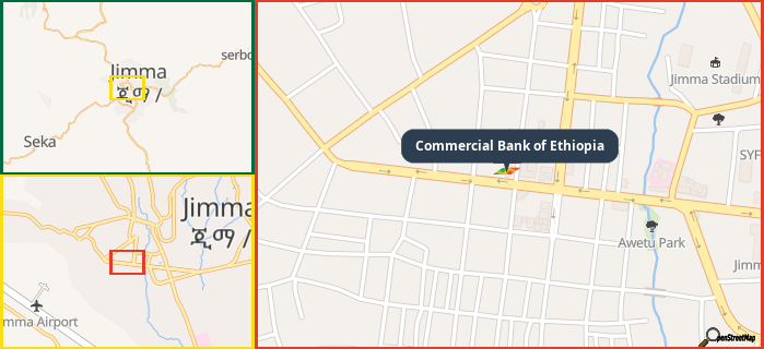 Map showing the address of Commercial Bank of Ethiopia in three different zoom levels.