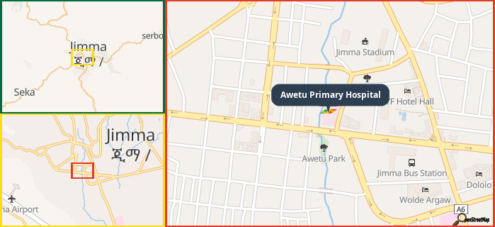 Map showing the address of Awetu Primary Hospital in three different zoom levels.