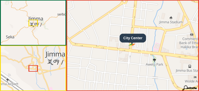 Map showing the address of City Center in three different zoom levels.