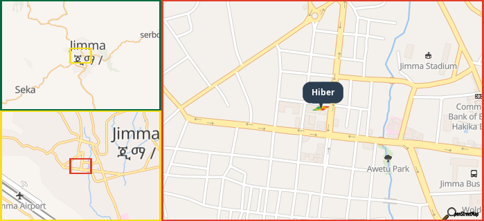 Map showing the address of Hiber in three different zoom levels.