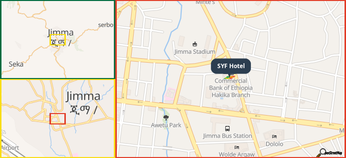 Map showing the address of SYF Hotel in three different zoom levels.