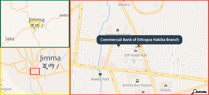 Map showing the address of Commercial Bank of Ethiopia Hakika Branch in three different zoom levels.
