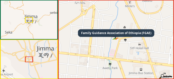 Map showing the address of Family Guidance Association of Ethiopia (FGAE) in three different zoom levels.