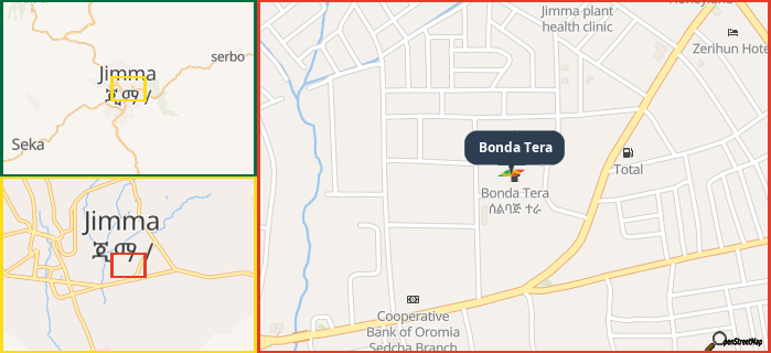 Map showing the address of Bonda Tera in three different zoom levels.