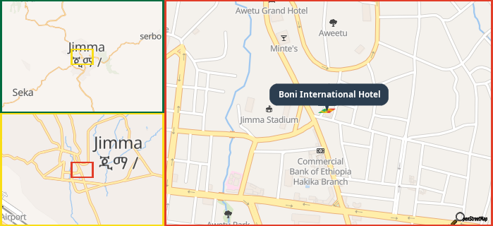 Map showing the address of Boni International Hotel in three different zoom levels.