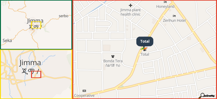Map showing the address of Total in three different zoom levels.
