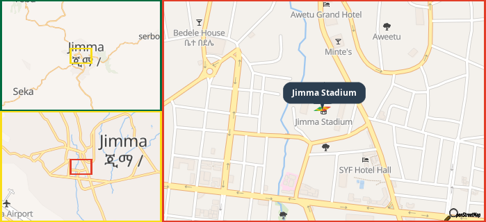 Map showing the address of Jimma Stadium in three different zoom levels.