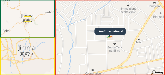 Map showing the address of Lina International in three different zoom levels.