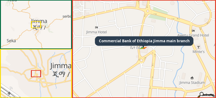 Map showing the address of Commercial Bank of Ethiopia Jimma main branch in three different zoom levels.