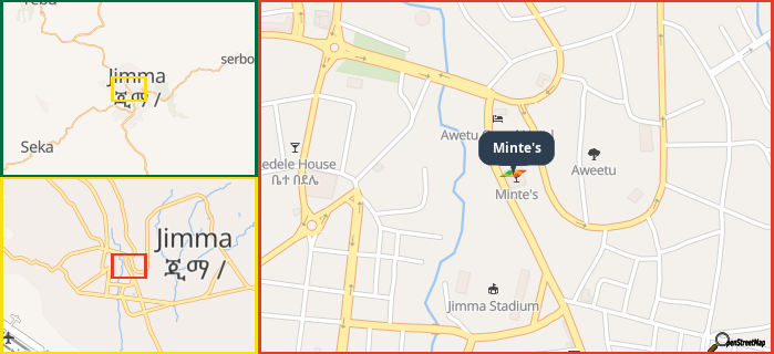 Map showing the address of Minte's in three different zoom levels.