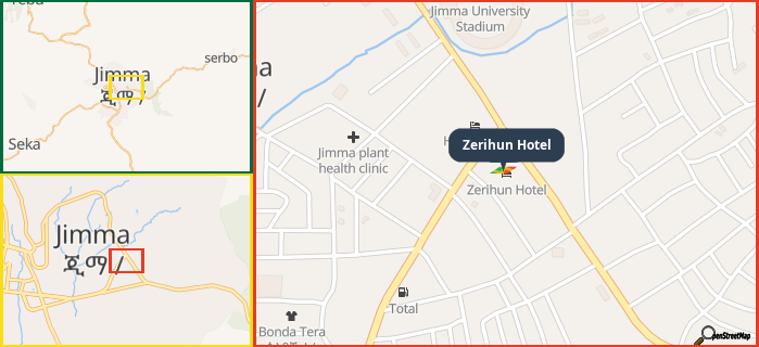 Map showing the address of Zerihun Hotel in three different zoom levels.