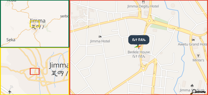 Map showing the address of ቤተ በደሌ in three different zoom levels.