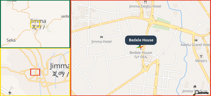 Map showing the address of Bedele House in three different zoom levels.