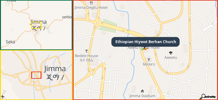 Map showing the address of Ethiopian Hiywot Berhan Church in three different zoom levels.