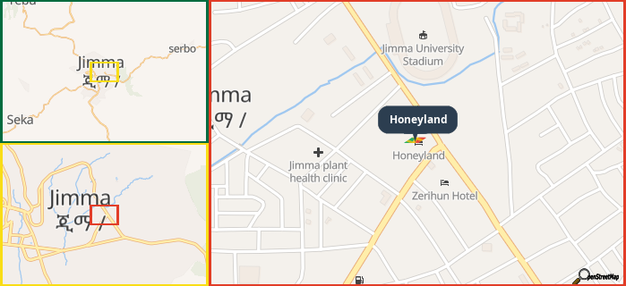 Map showing the address of Honeyland in three different zoom levels.