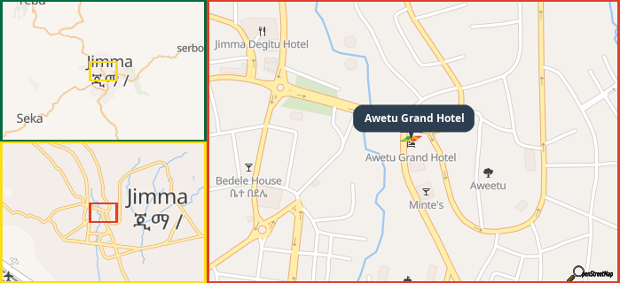 Map showing the address of Awetu Grand Hotel in three different zoom levels.