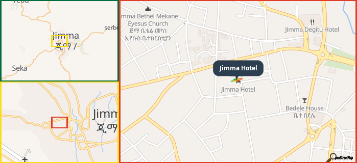 Map showing the address of Jimma Hotel in three different zoom levels.