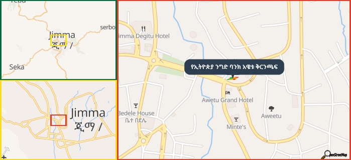 Map showing the address of የኢትዮጵያ ንግድ ባንክ አዌቱ ቅርንጫፍ in three different zoom levels.