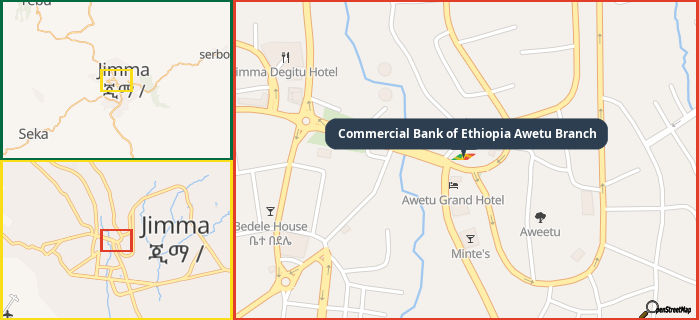 Map showing the address of Commercial Bank of Ethiopia Awetu Branch in three different zoom levels.