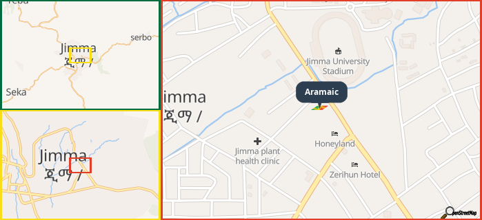 Map showing the address of Aramaic in three different zoom levels.