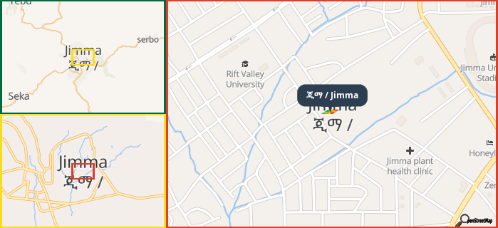 Map showing the address of ጂማ / Jimma in three different zoom levels.