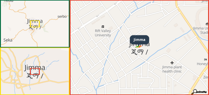Map showing the address of Jimma in three different zoom levels.