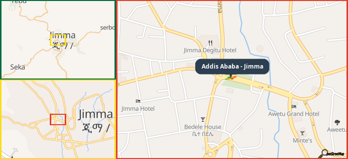 Map showing the address of Addis Ababa - Jimma in three different zoom levels.