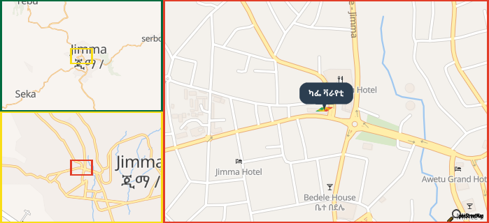 Map showing the address of ካፌ ቫራየቲ in three different zoom levels.