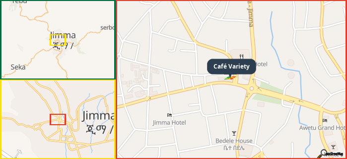Map showing the address of Café Variety in three different zoom levels.