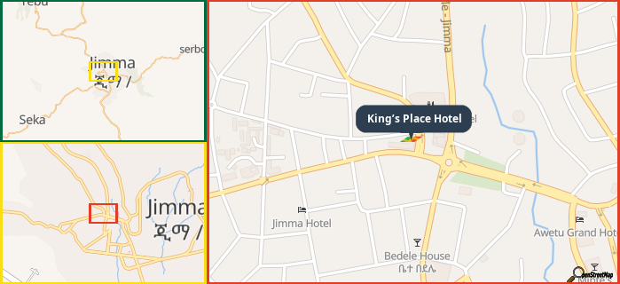 Map showing the address of King’s Place Hotel in three different zoom levels.