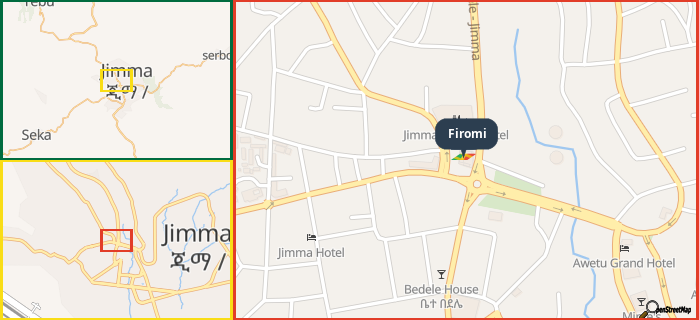 Map showing the address of Firomi in three different zoom levels.