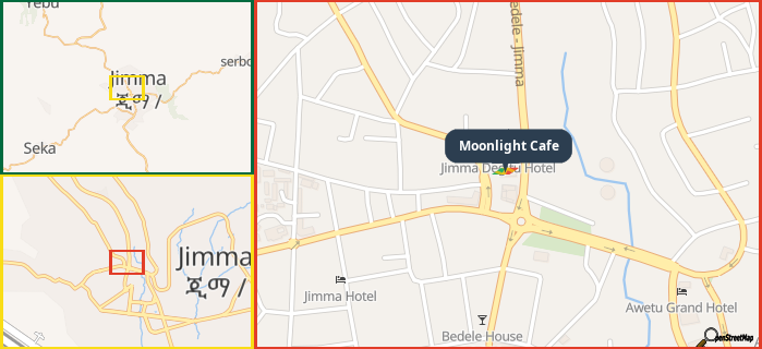 Map showing the address of Moonlight Cafe in three different zoom levels.