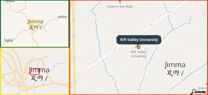 Map showing the address of Rift Valley University in three different zoom levels.