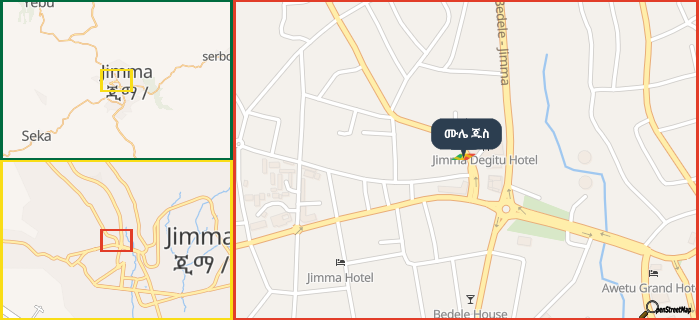 Map showing the address of ሙሌ ጁስ in three different zoom levels.