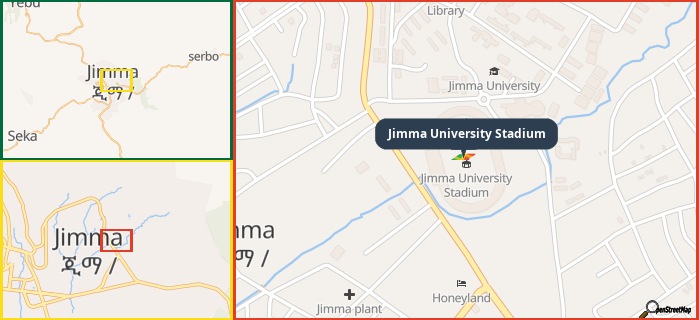 Map showing the address of Jimma University Stadium in three different zoom levels.