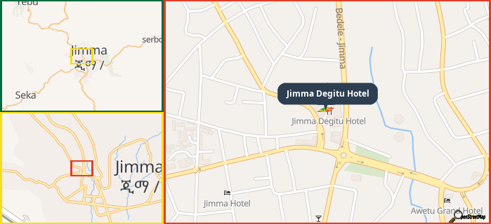 Map showing the address of Jimma Degitu Hotel in three different zoom levels.