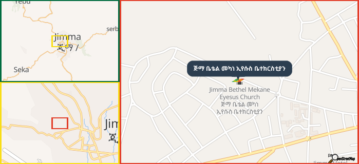 Map showing the address of ጅማ ቤቴል መካነ ኢየሱስ ቤተክርስቲያን in three different zoom levels.