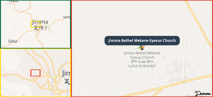 Map showing the address of Jimma Bethel Mekane Eyesus Church in three different zoom levels.