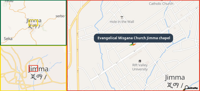 Map showing the address of Evangelical Misgana Church Jimma chapel in three different zoom levels.